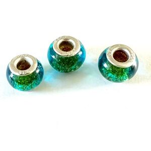 Set of 3 Bracelet Charms, Beads, Murano Glass 925 signed Silver .